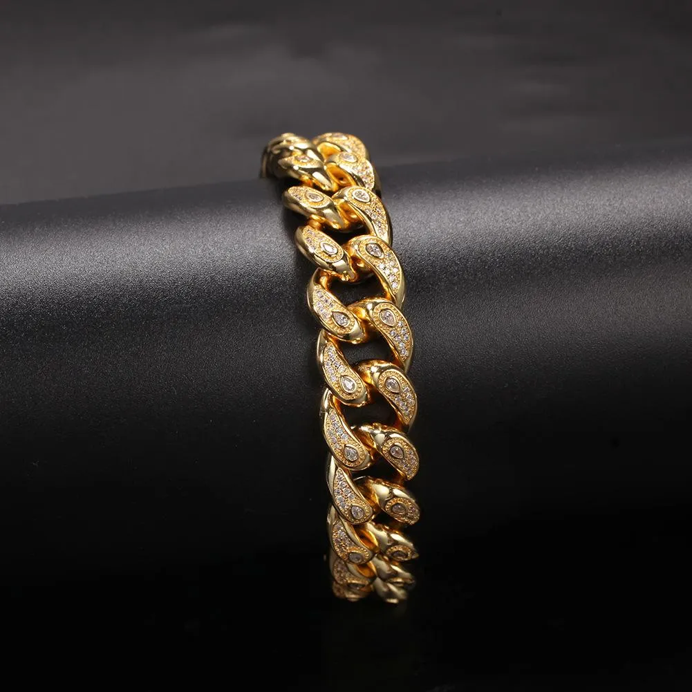 15mm 18K Gold AAA Eye Zircon Cuban Link Bracelet