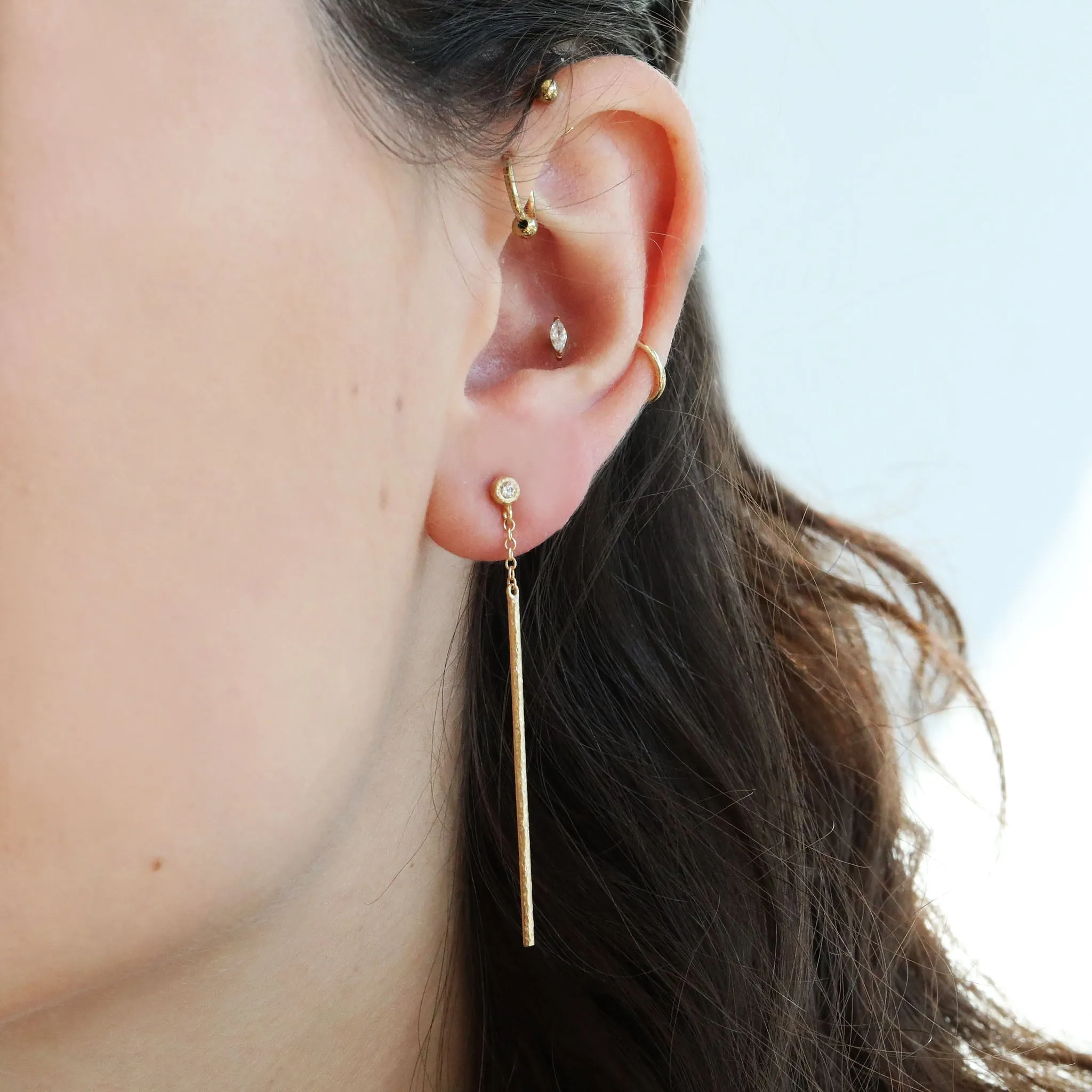 18K Gold Bezel-Set Diamond and Textured Rain Stick Earrings