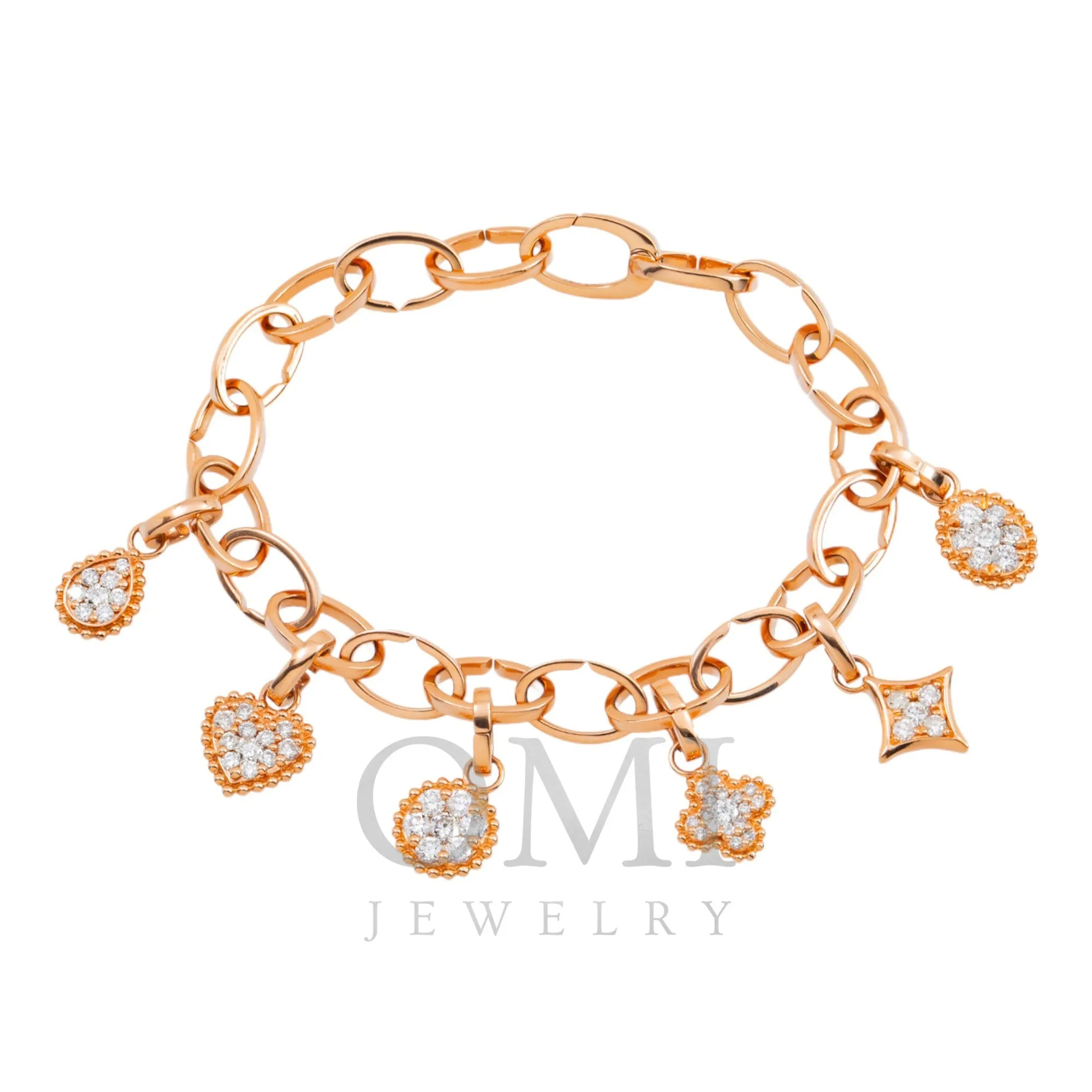 18K GOLD ROUND DIAMOND HEART CLOVER SHAPES CHARM BRACELET 1.88 CT