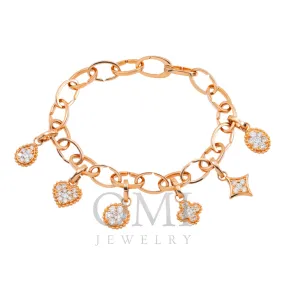 18K GOLD ROUND DIAMOND HEART CLOVER SHAPES CHARM BRACELET 1.88 CT