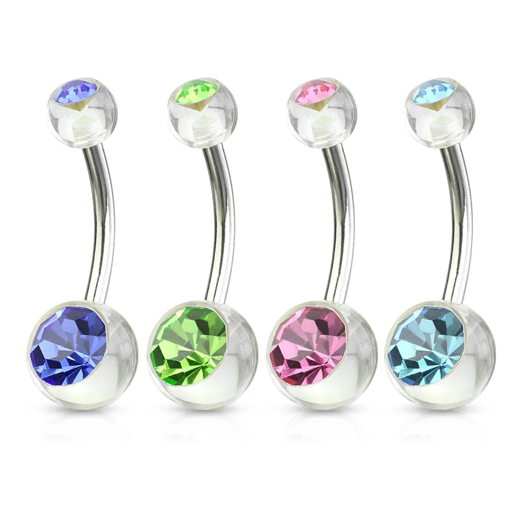 4 Pcs Value Pack of Assorted CZ Color 316L Surgical Steel WildKlass Navel Rings with Double CZ Clear Acrylic Balls