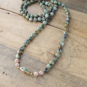 African Turquoise and Sunstone Hand Knotted Mala Necklace