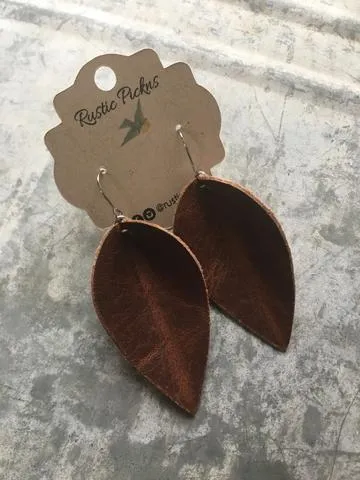 Aged Brandy Worn Brown Leather Petal Earrings