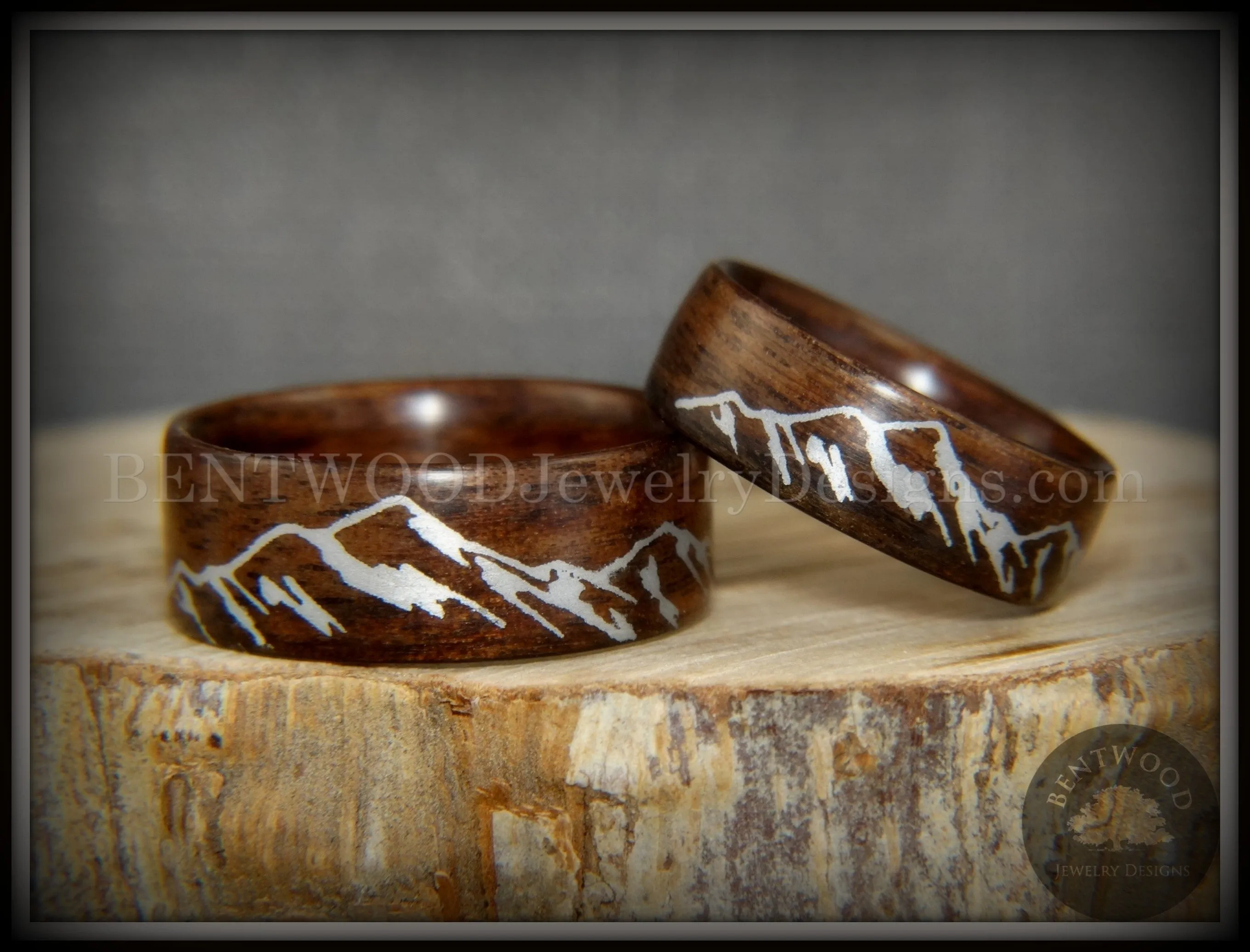 Bentwood Rings Set - Silver Mountains Rosewood Rings with Silver Mountainscape Inlay Engraving