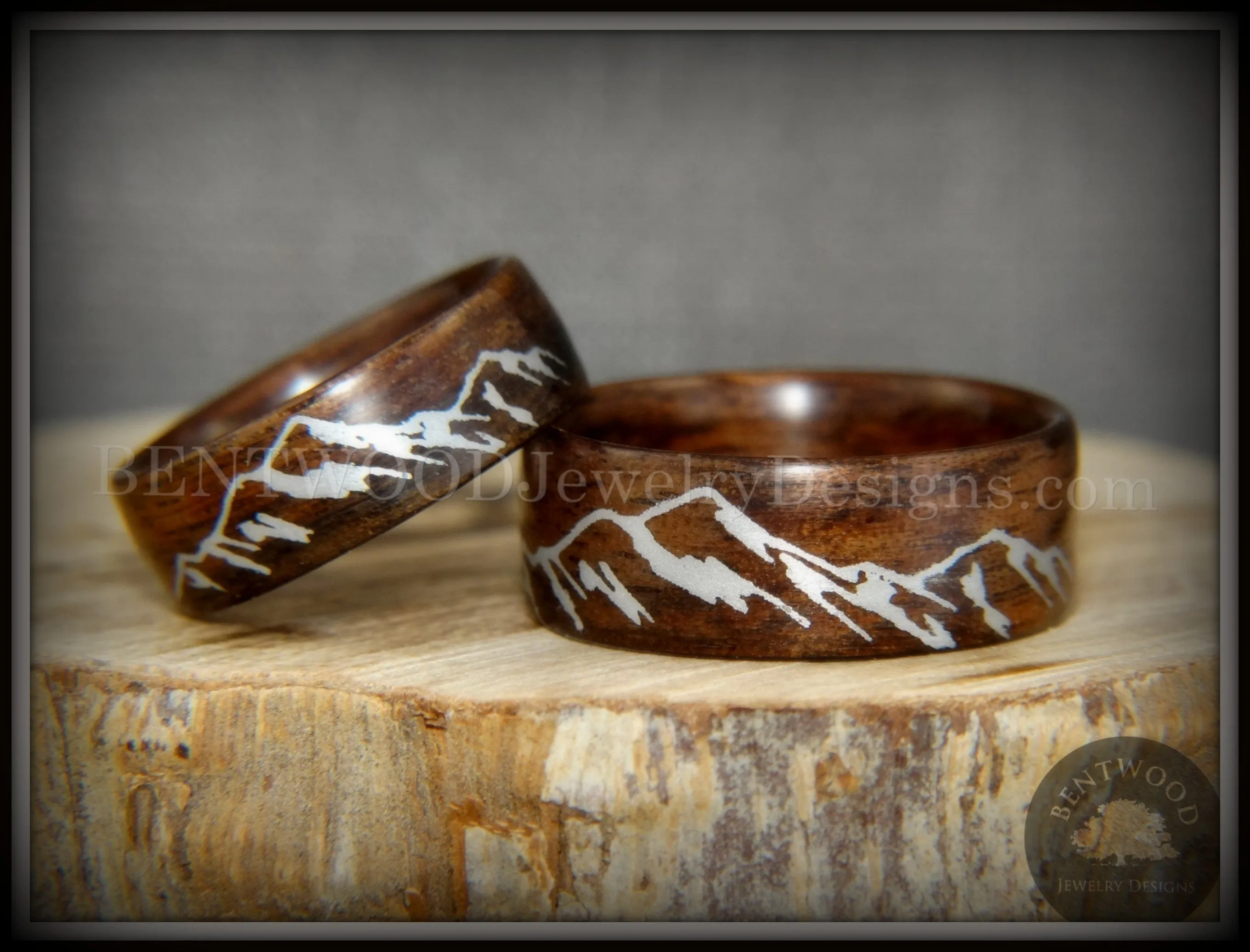 Bentwood Rings Set - Silver Mountains Rosewood Rings with Silver Mountainscape Inlay Engraving