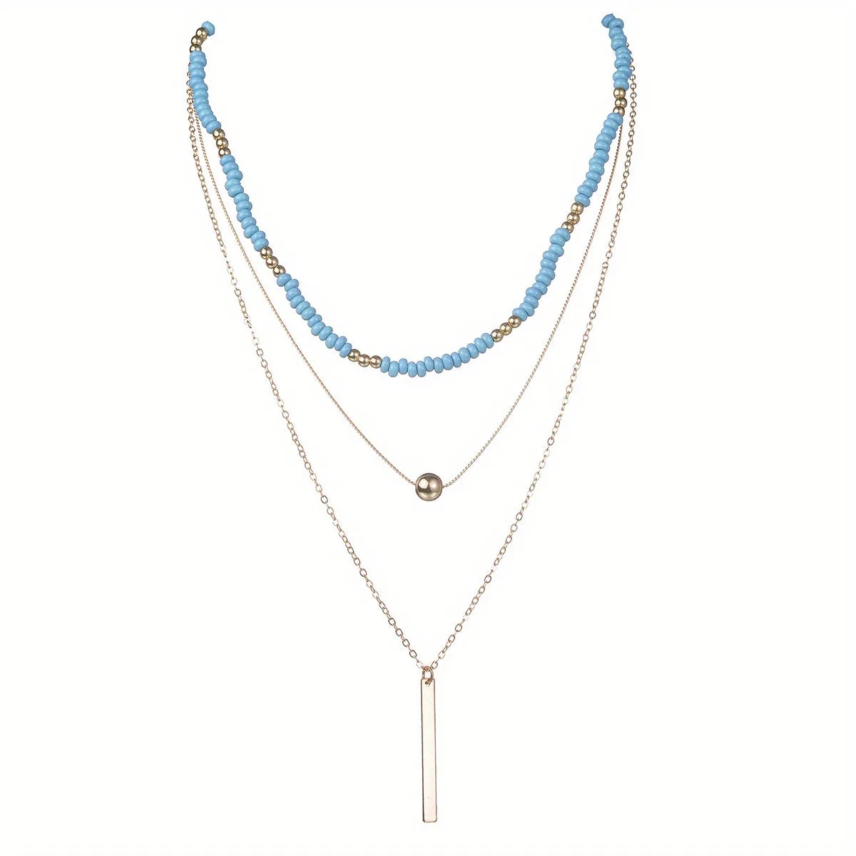 Bohemian Layered Blue Beads Bar Pendant Women's Holiday Leisure Decor Necklace Jewelry Gift