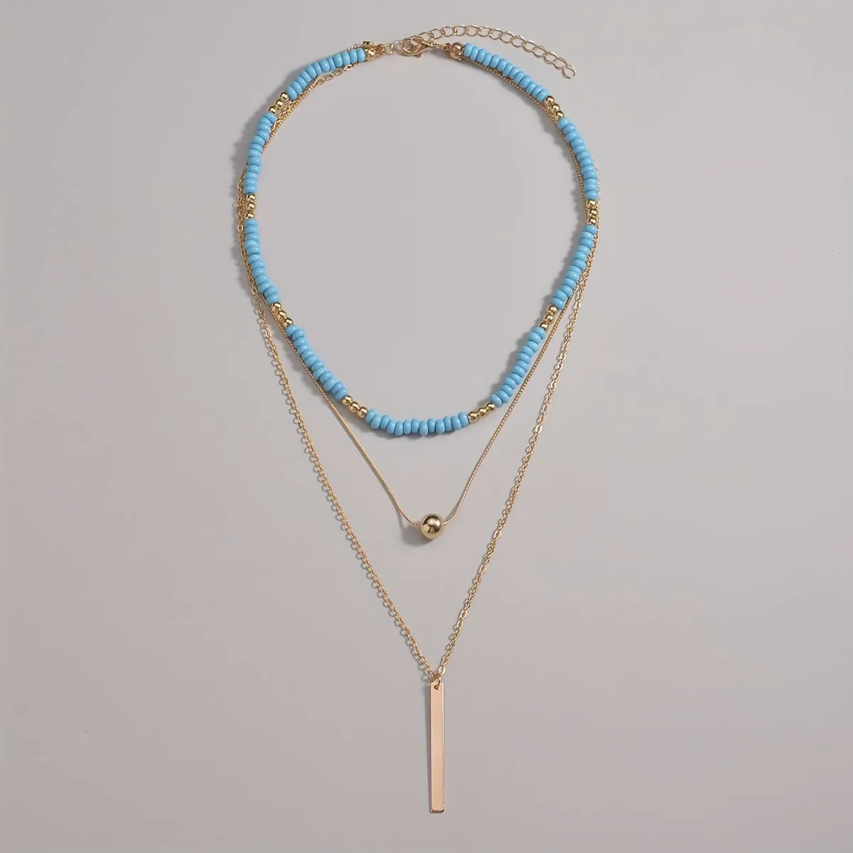 Bohemian Layered Blue Beads Bar Pendant Women's Holiday Leisure Decor Necklace Jewelry Gift