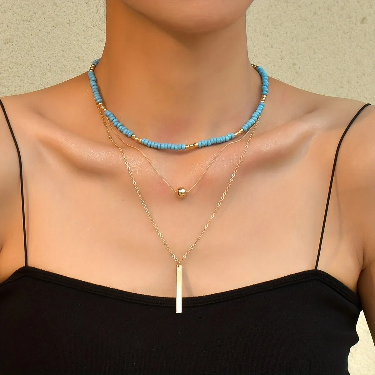 Bohemian Layered Blue Beads Bar Pendant Women's Holiday Leisure Decor Necklace Jewelry Gift