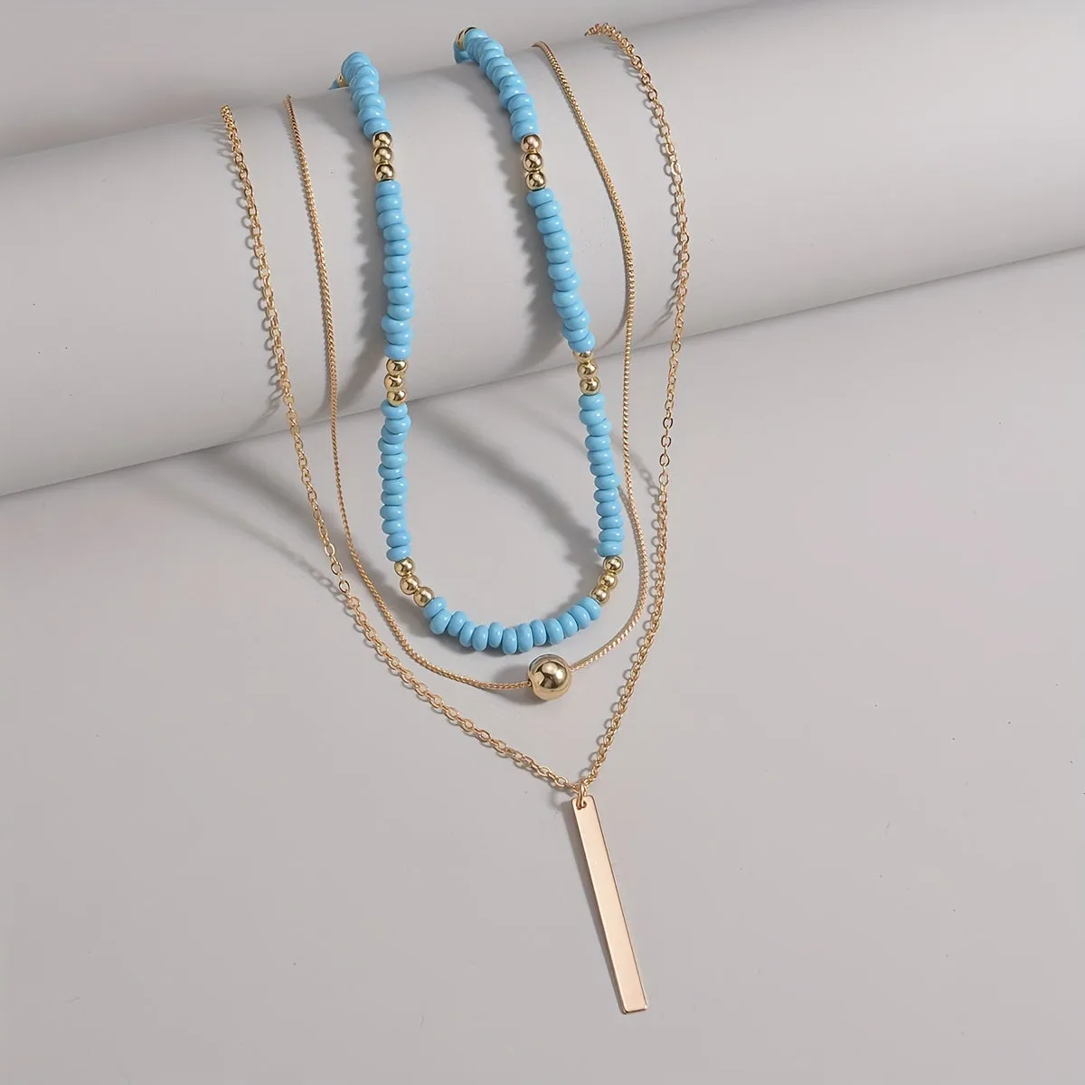 Bohemian Layered Blue Beads Bar Pendant Women's Holiday Leisure Decor Necklace Jewelry Gift