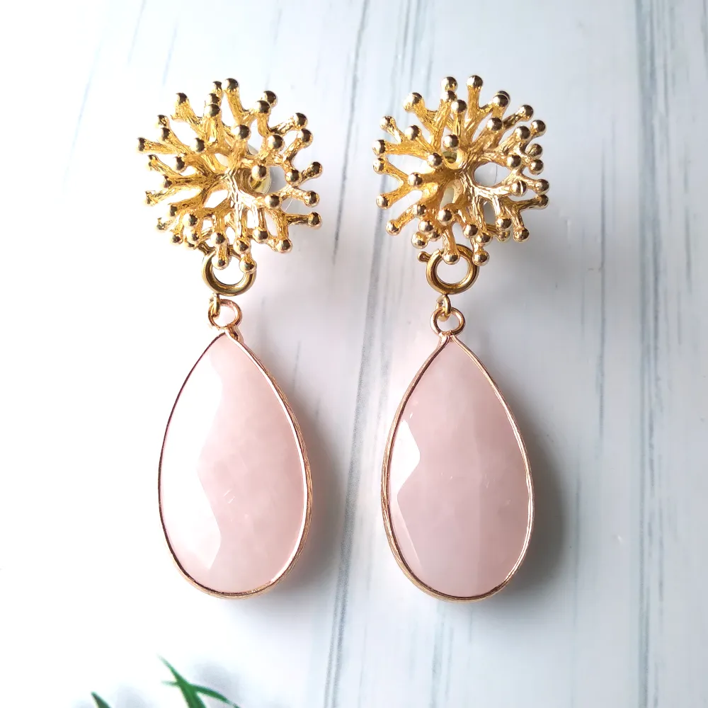 Branch Coral Stud with Rose Quartz Earrings