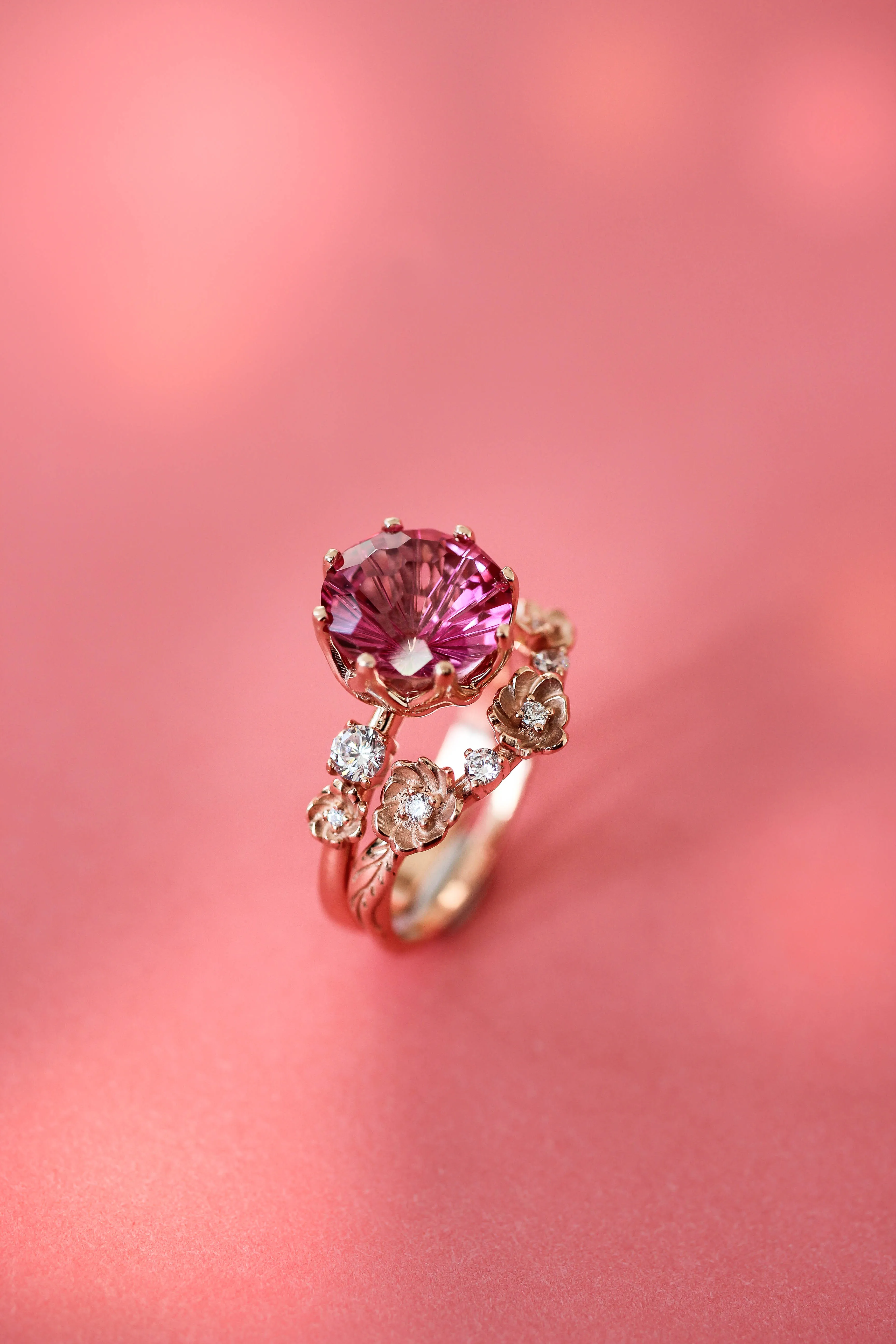 Bridal set with fancy cut pink topaz and diamonds / Fiorella