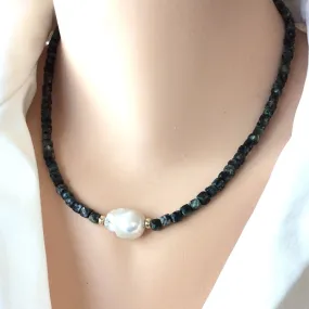 Deep Green Seraphinite Beaded Choker Necklace with White Baroque Pearl and Gold Filled Details, 16.5 inches