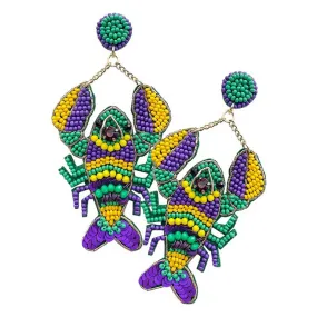 Felt Back Mardi Gras Sequin Seed Beaded Lobster Earrings