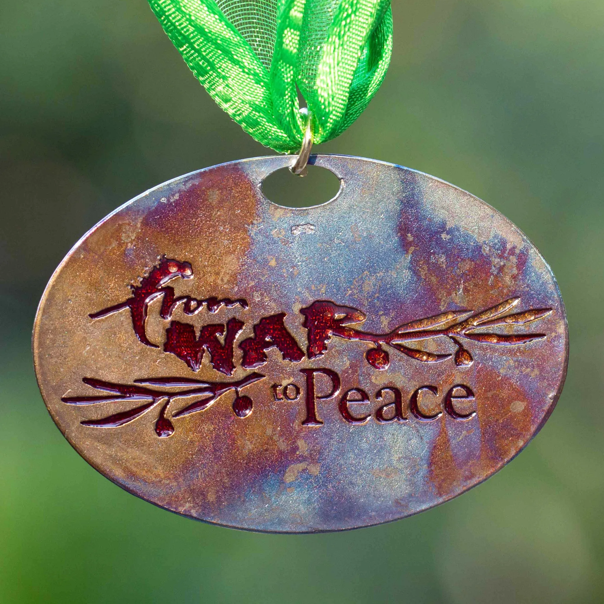 FWTP Signature Ornament Iridescent Patina with Translucent Red Enamel