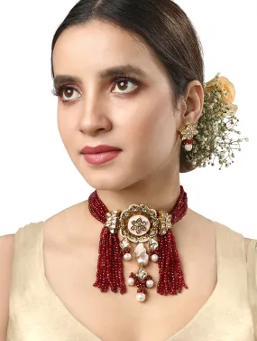 Gold Plated Kundan Necklace with Agate and Pearls