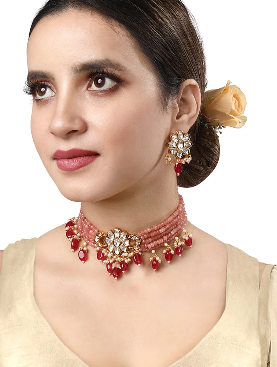 Gold Plated Kundan Necklace with Onyx and Agate