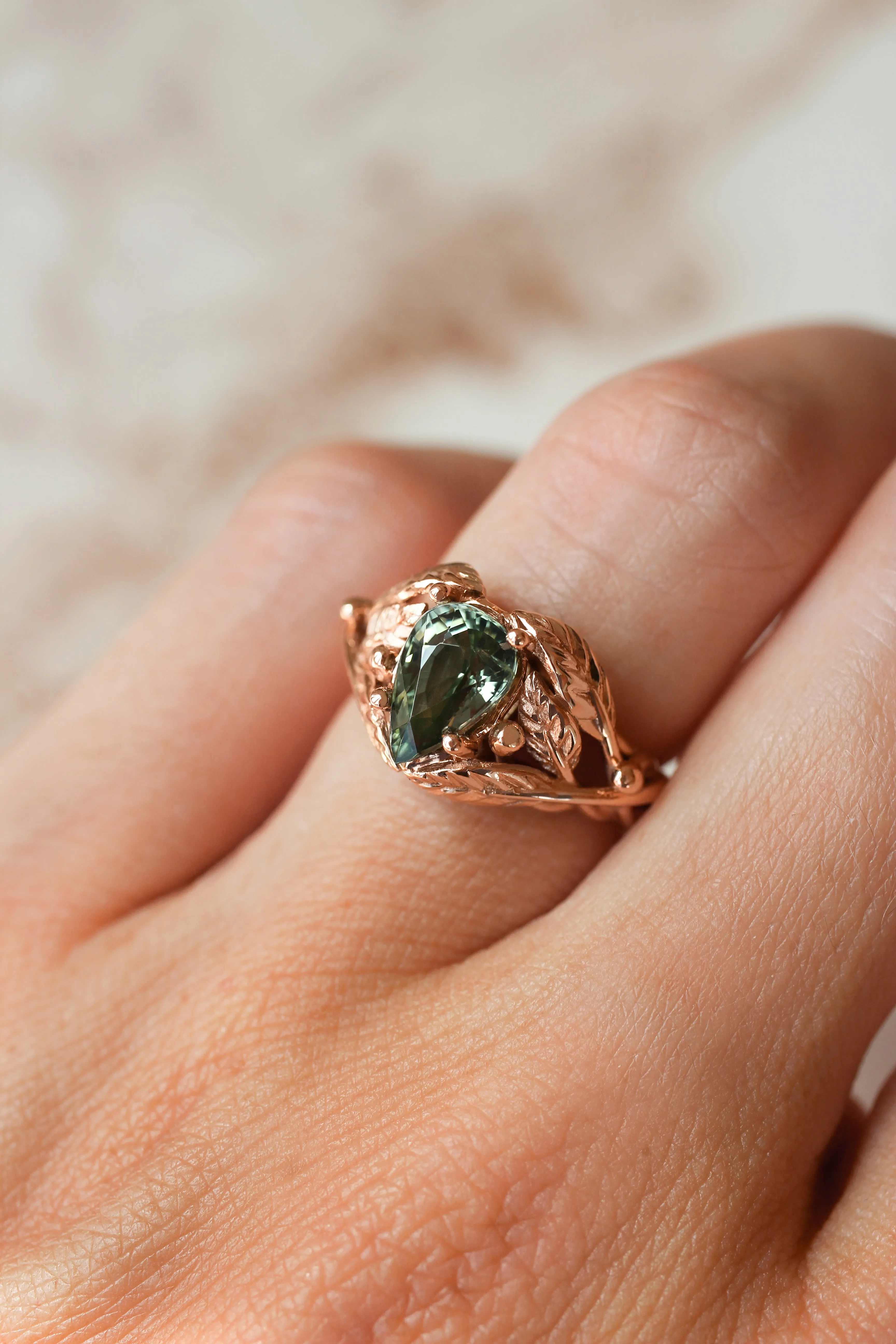 Green tourmaline leaves ring, pear cut engagement ring / Viola