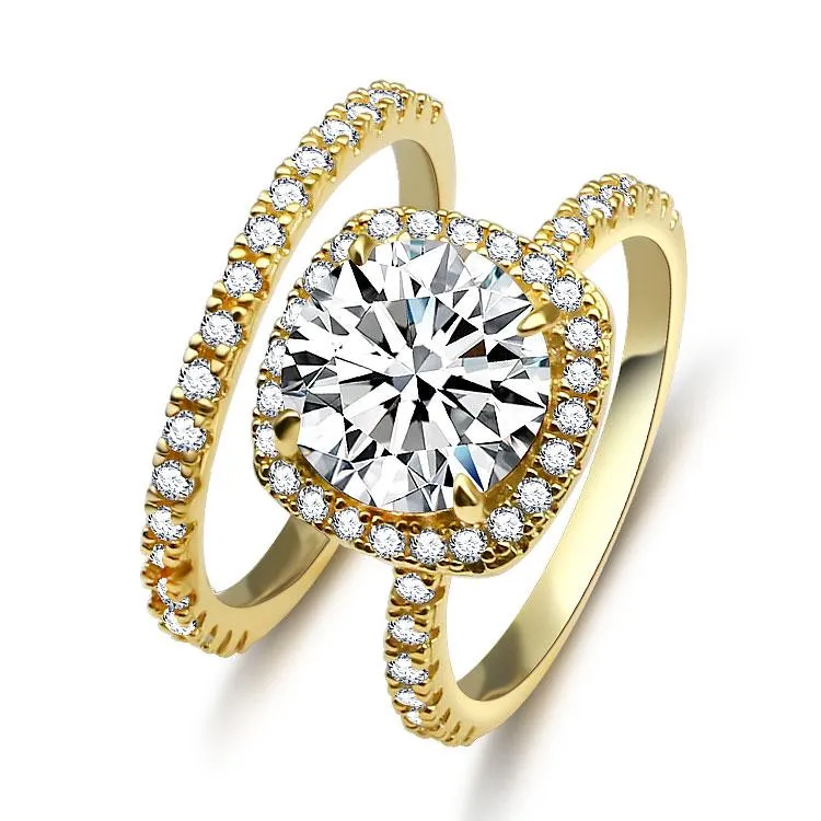 Jolics Handmade Sparkle Yellow Gold Halo Round Cut 925 Sterling Silver Engagement Ring Set