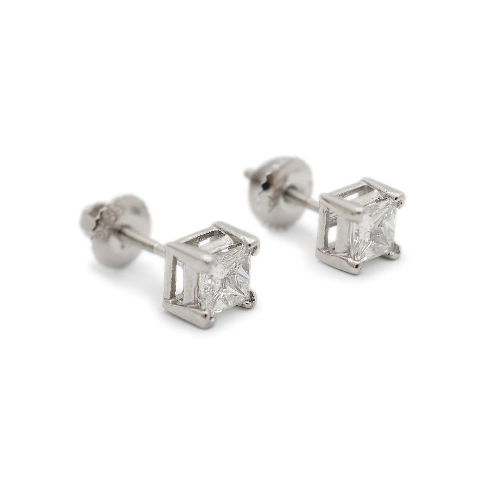 Ladies 14K White Gold 1.00CT Princess Cut Diamond Screw Back Stud Earrings