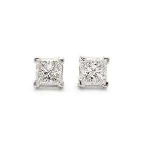 Ladies 14K White Gold 1.00CT Princess Cut Diamond Screw Back Stud Earrings