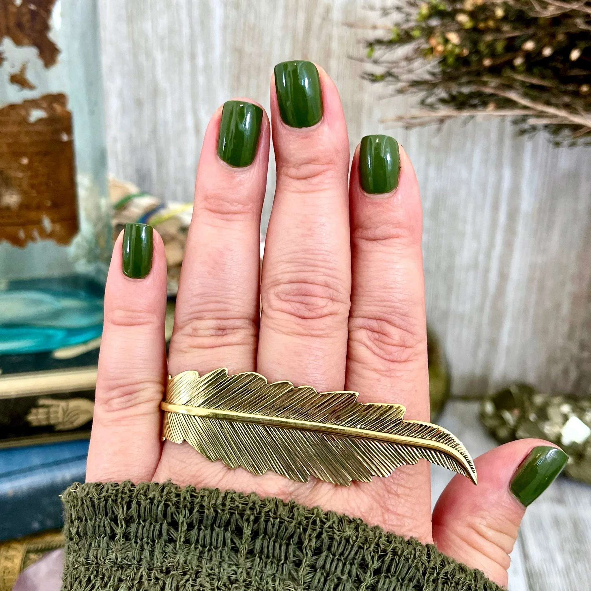 Large Adjustable Brass Feather Statement Ring  / Curated by FOXLARK Collection