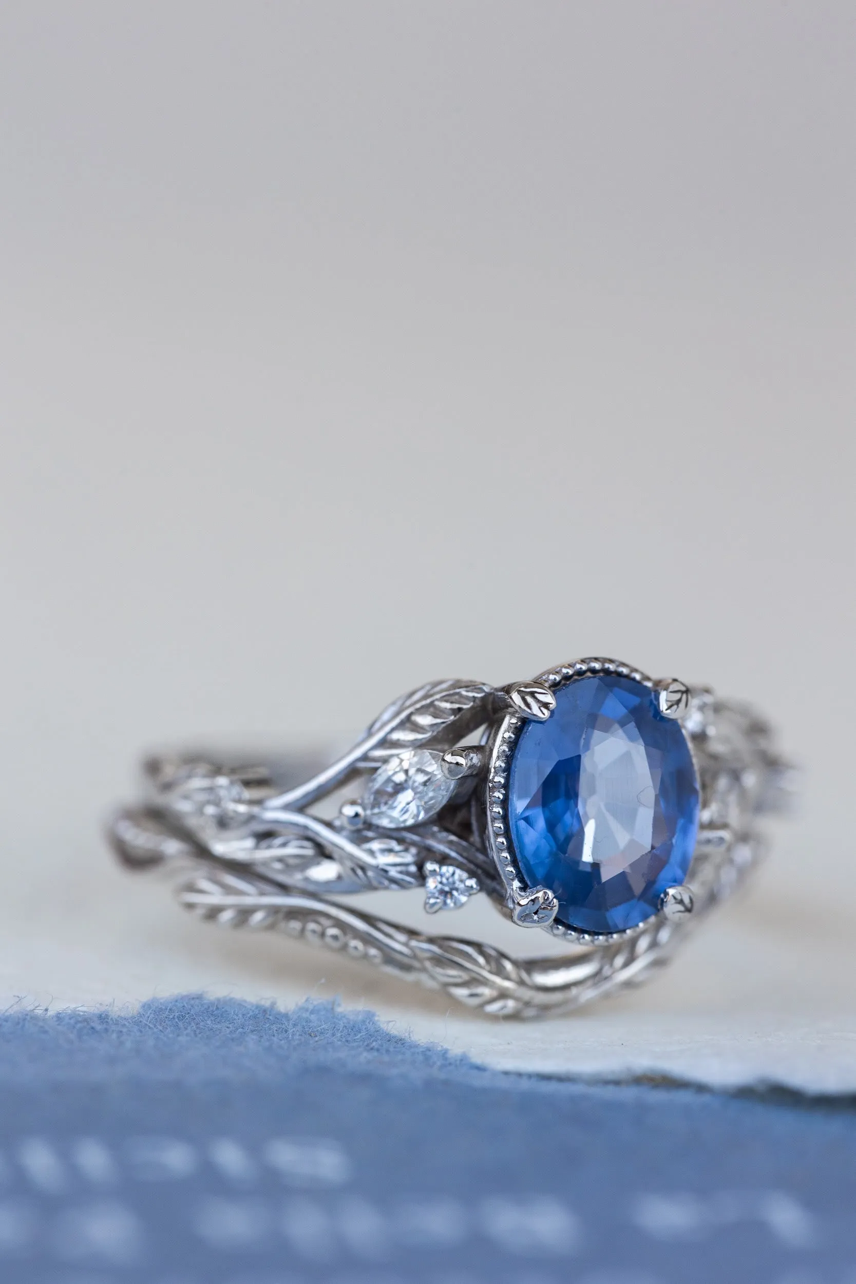 Natural blue sapphire bridal ring set, white gold leaf engagement and wedding rings / Patricia