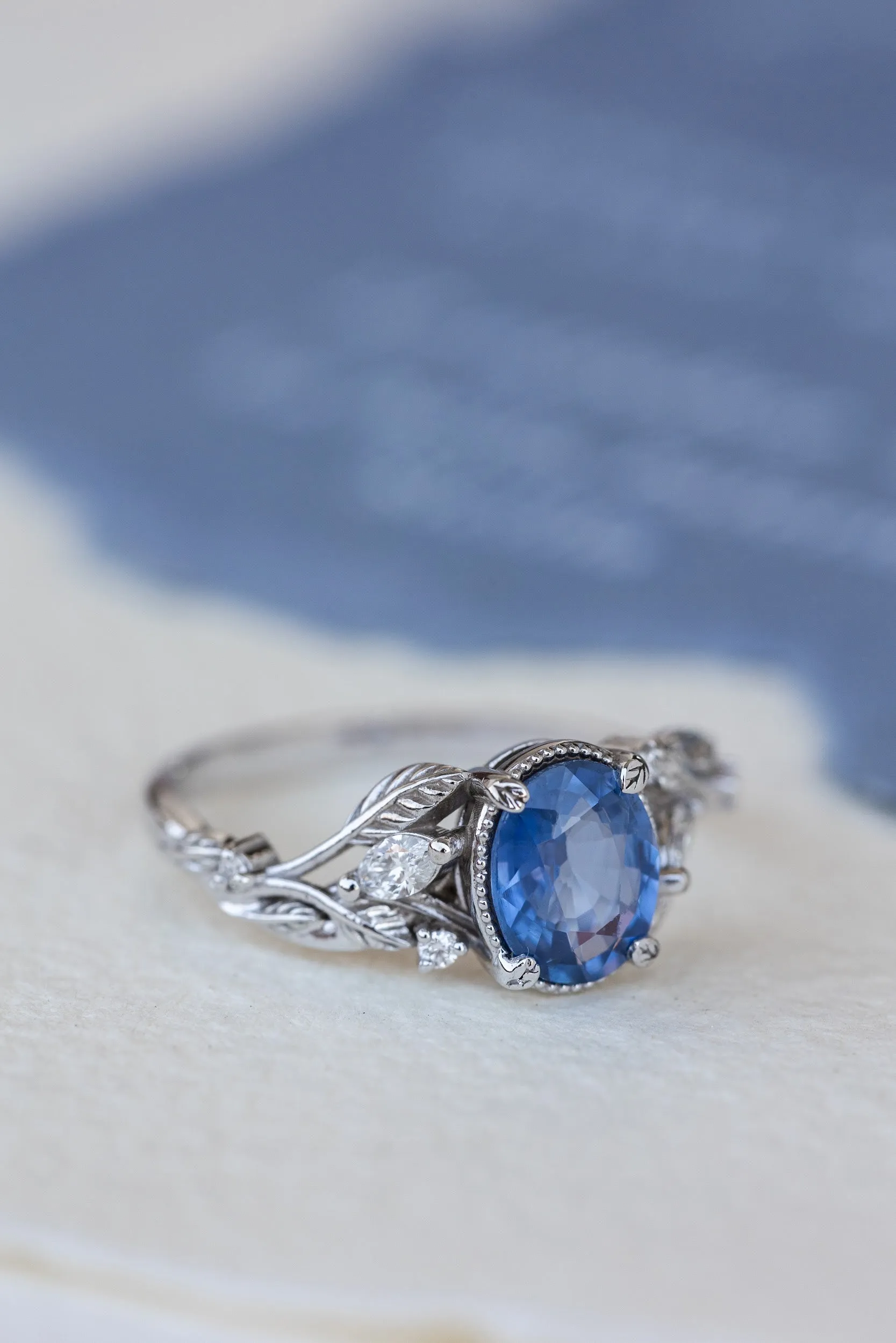 Natural blue sapphire bridal ring set, white gold leaf engagement and wedding rings / Patricia