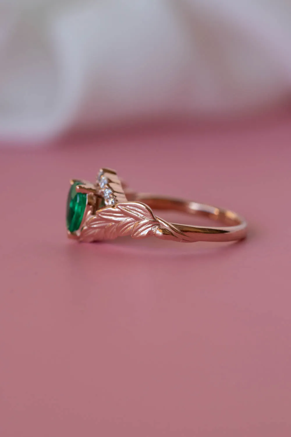 Natural emerald bridal ring set, diamond crown gold leaf engagement and wedding rings  / Palmira Crown