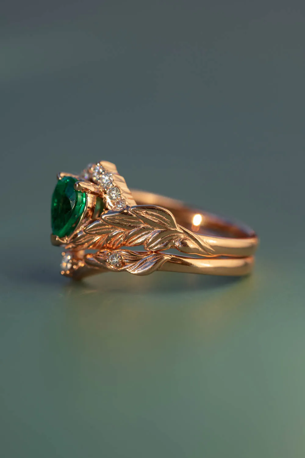 Natural emerald bridal ring set, diamond crown gold leaf engagement and wedding rings  / Palmira Crown