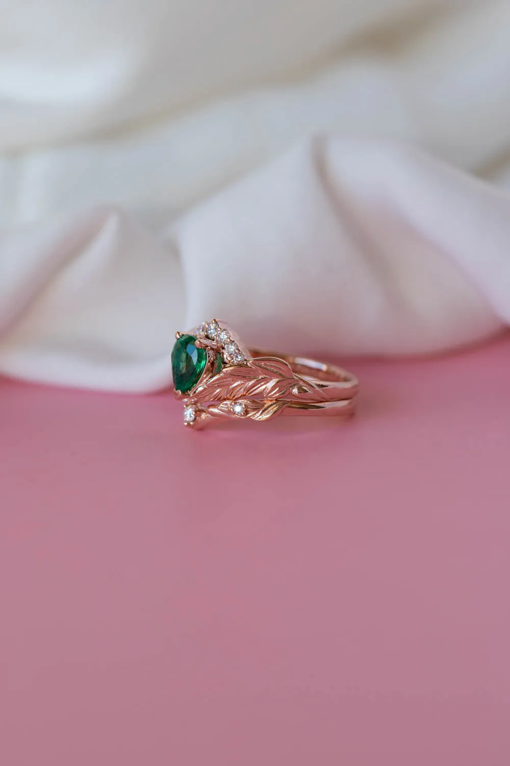 Natural emerald bridal ring set, diamond crown gold leaf engagement and wedding rings  / Palmira Crown