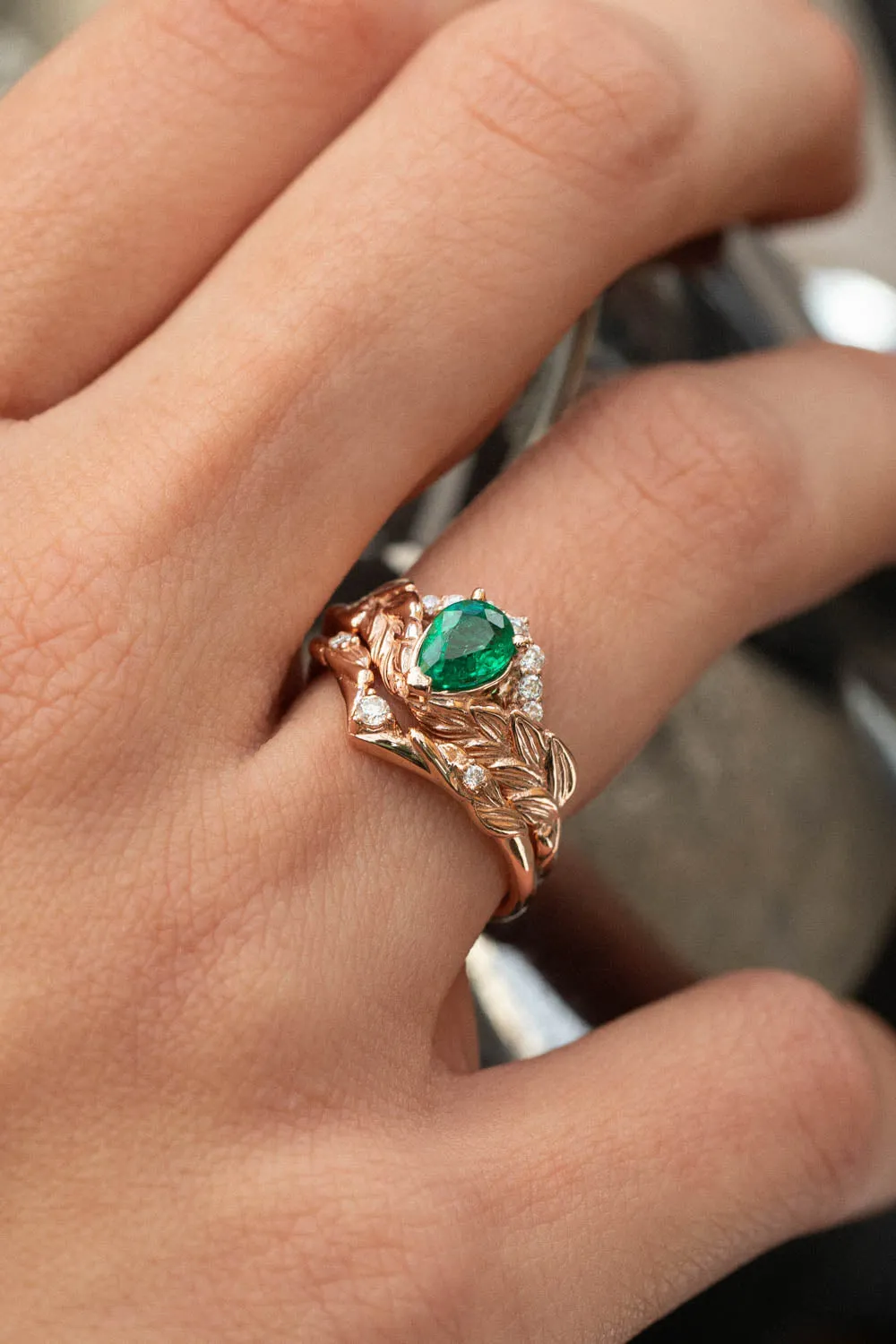 Natural emerald bridal ring set, diamond crown gold leaf engagement and wedding rings  / Palmira Crown