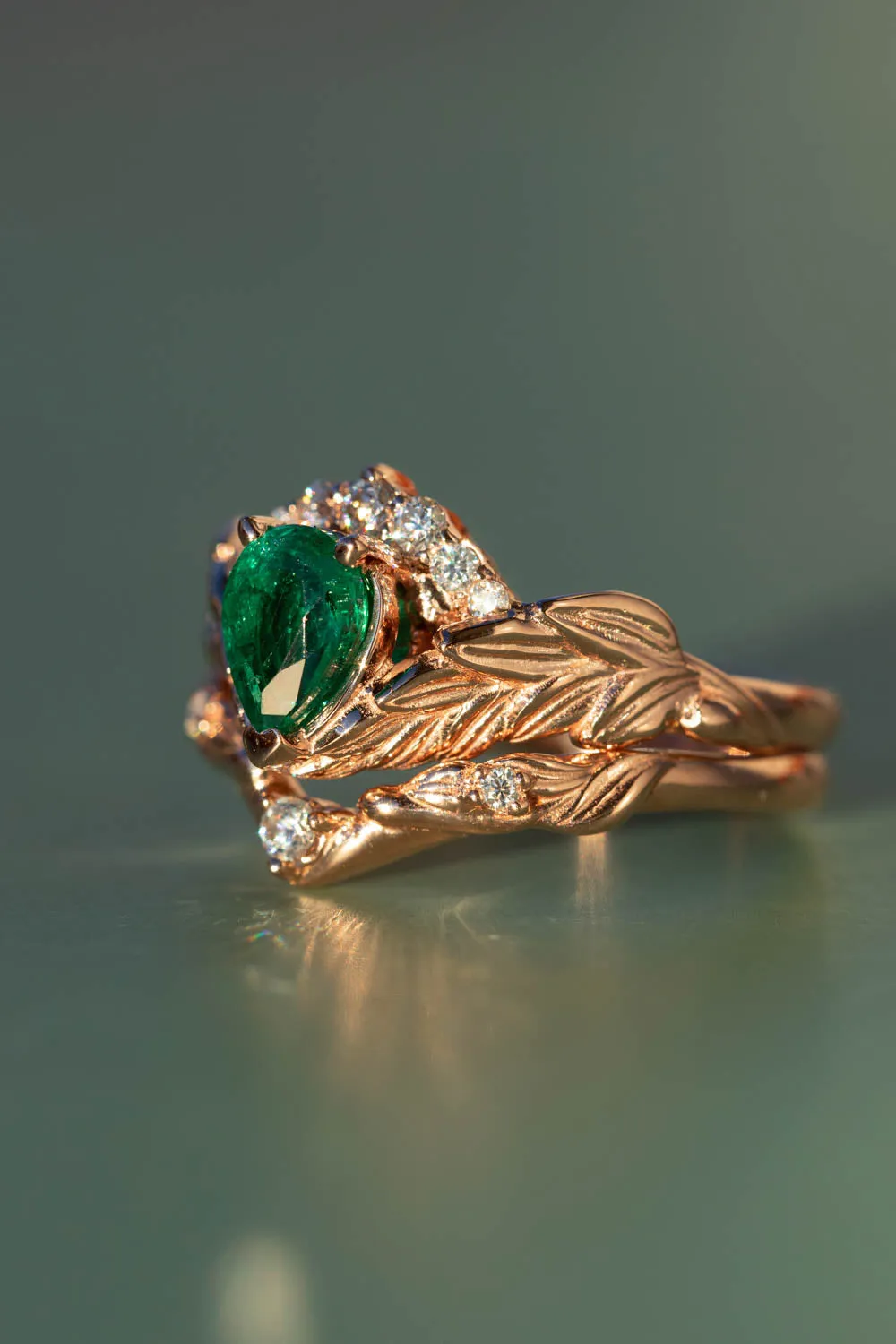 Natural emerald bridal ring set, diamond crown gold leaf engagement and wedding rings  / Palmira Crown