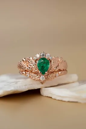 Natural emerald oak leaves bridal ring set, nature inspired engagement and wedding rings / Royal Oak