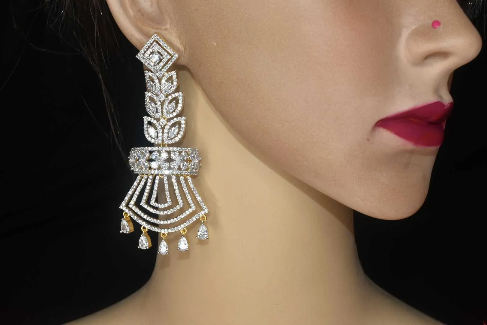 One Gram Gold American Diamond Studded Chandelier Earring