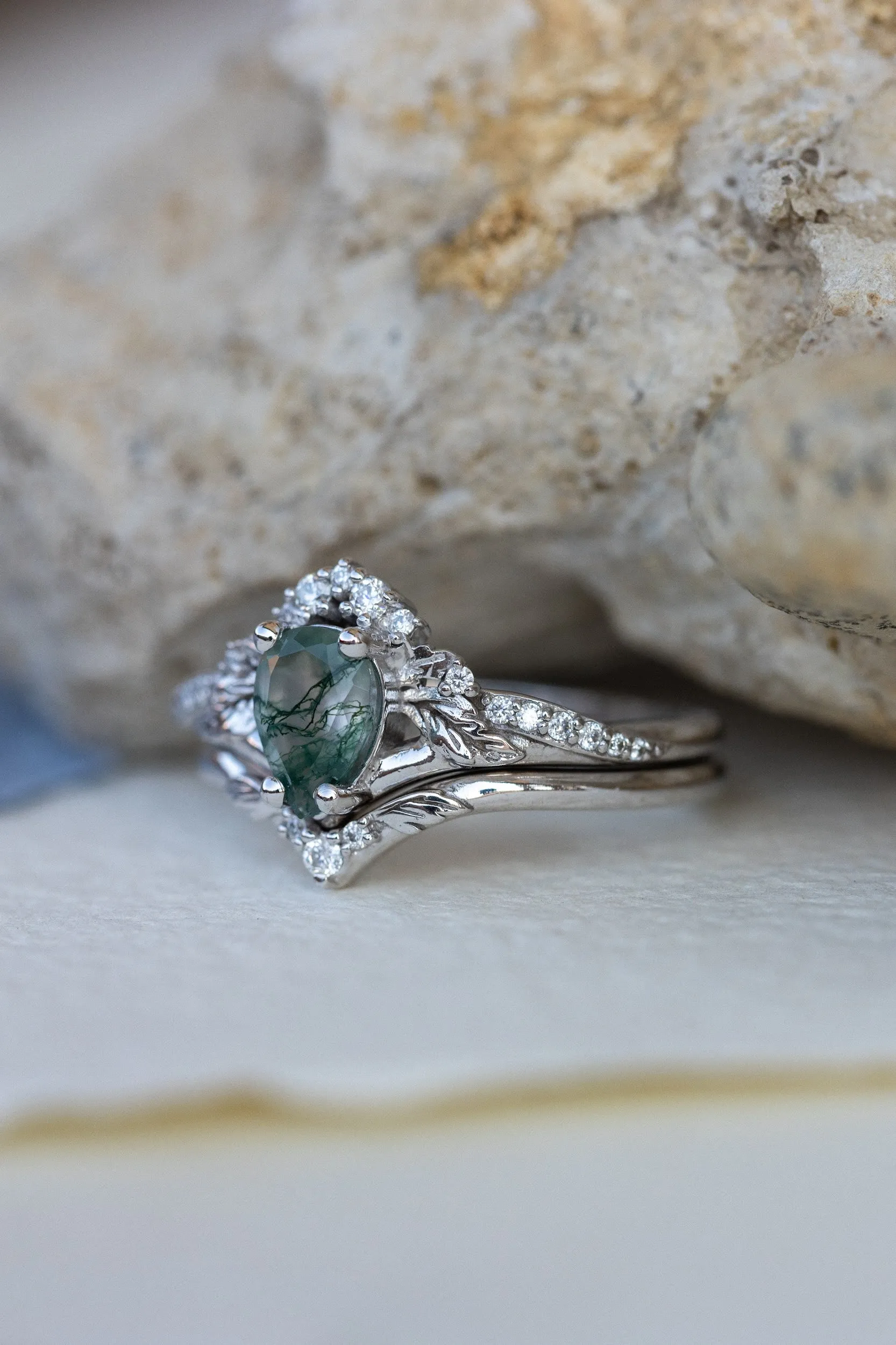 One of a kind moss agate bridal ring set, gold stacking engagement and wedding rings / Amelia