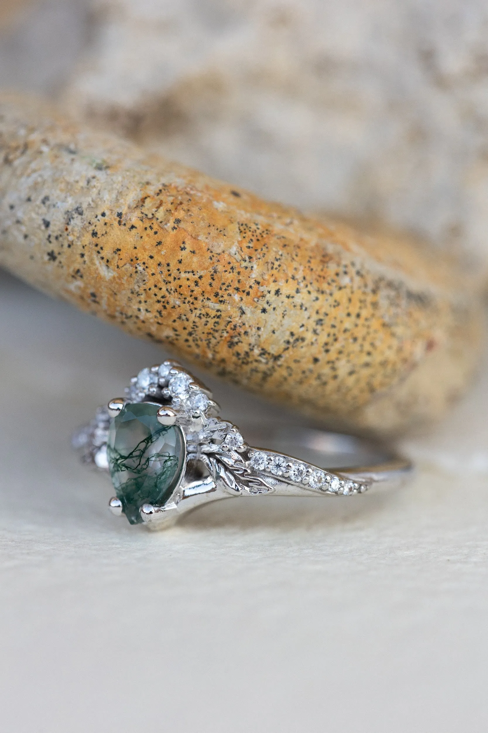 One of a kind moss agate bridal ring set, gold stacking engagement and wedding rings / Amelia