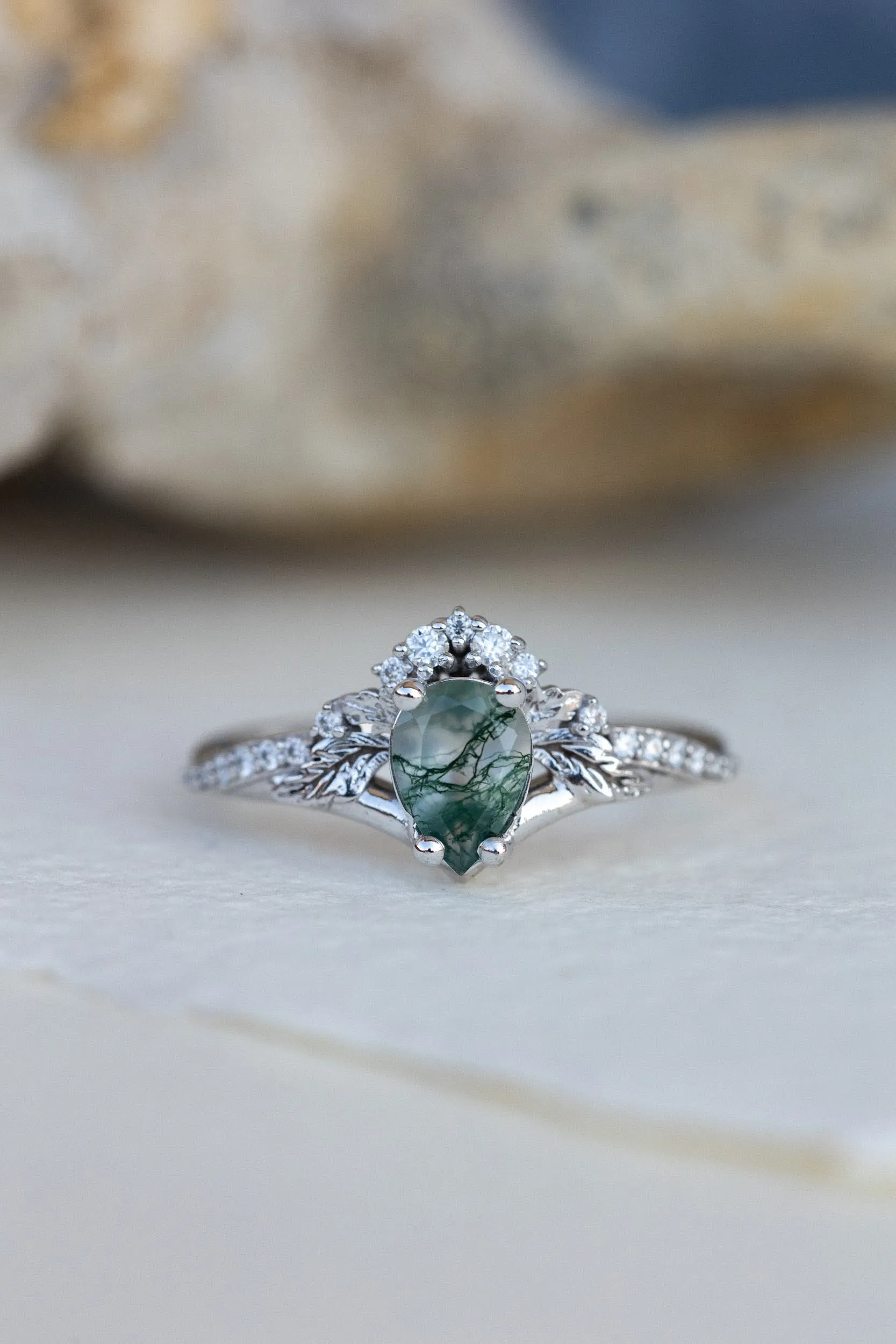 One of a kind moss agate bridal ring set, gold stacking engagement and wedding rings / Amelia