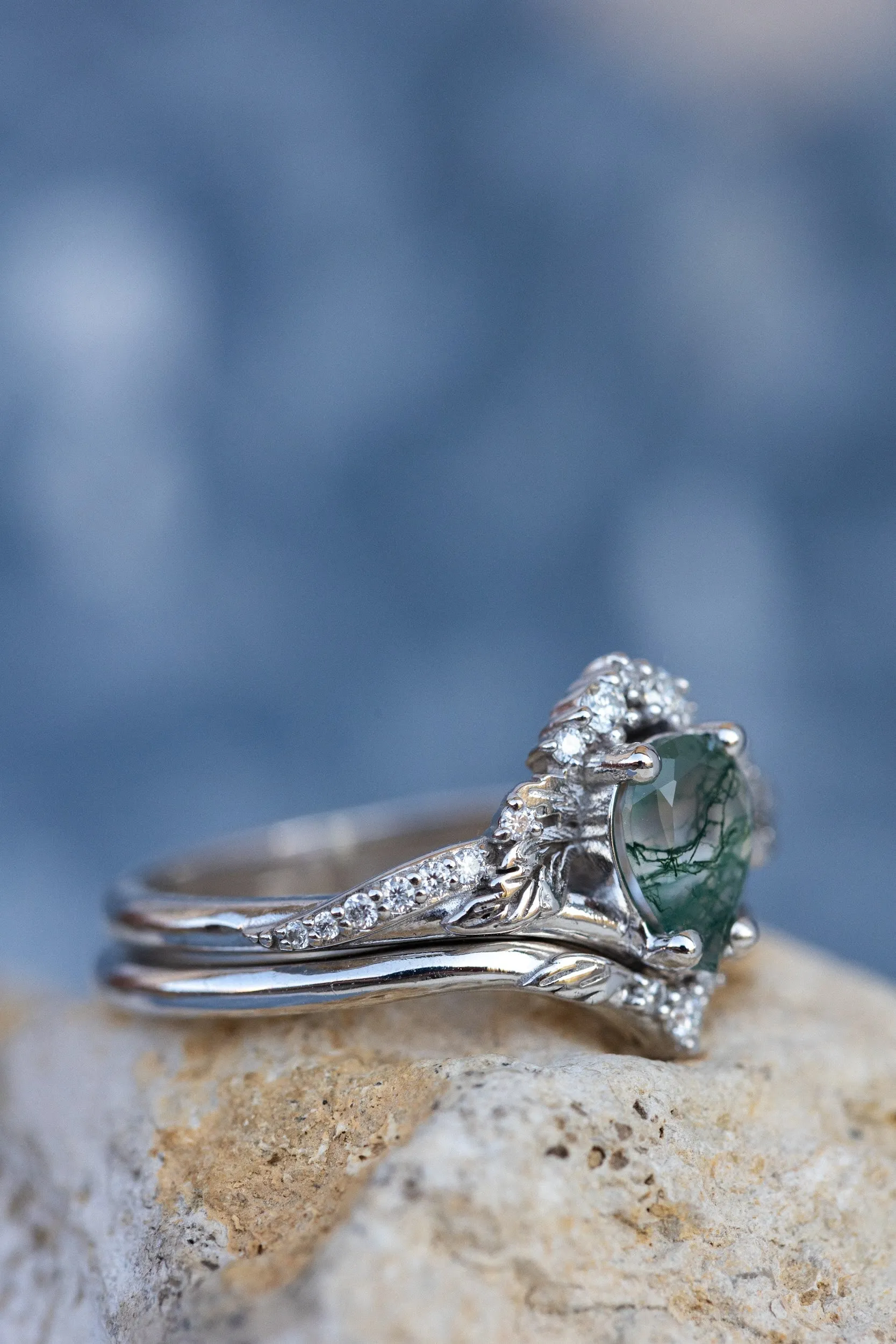 One of a kind moss agate bridal ring set, gold stacking engagement and wedding rings / Amelia