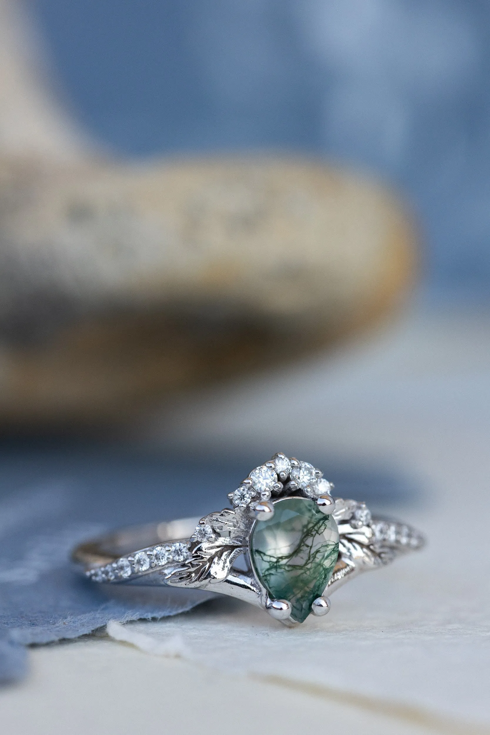 One of a kind moss agate bridal ring set, gold stacking engagement and wedding rings / Amelia