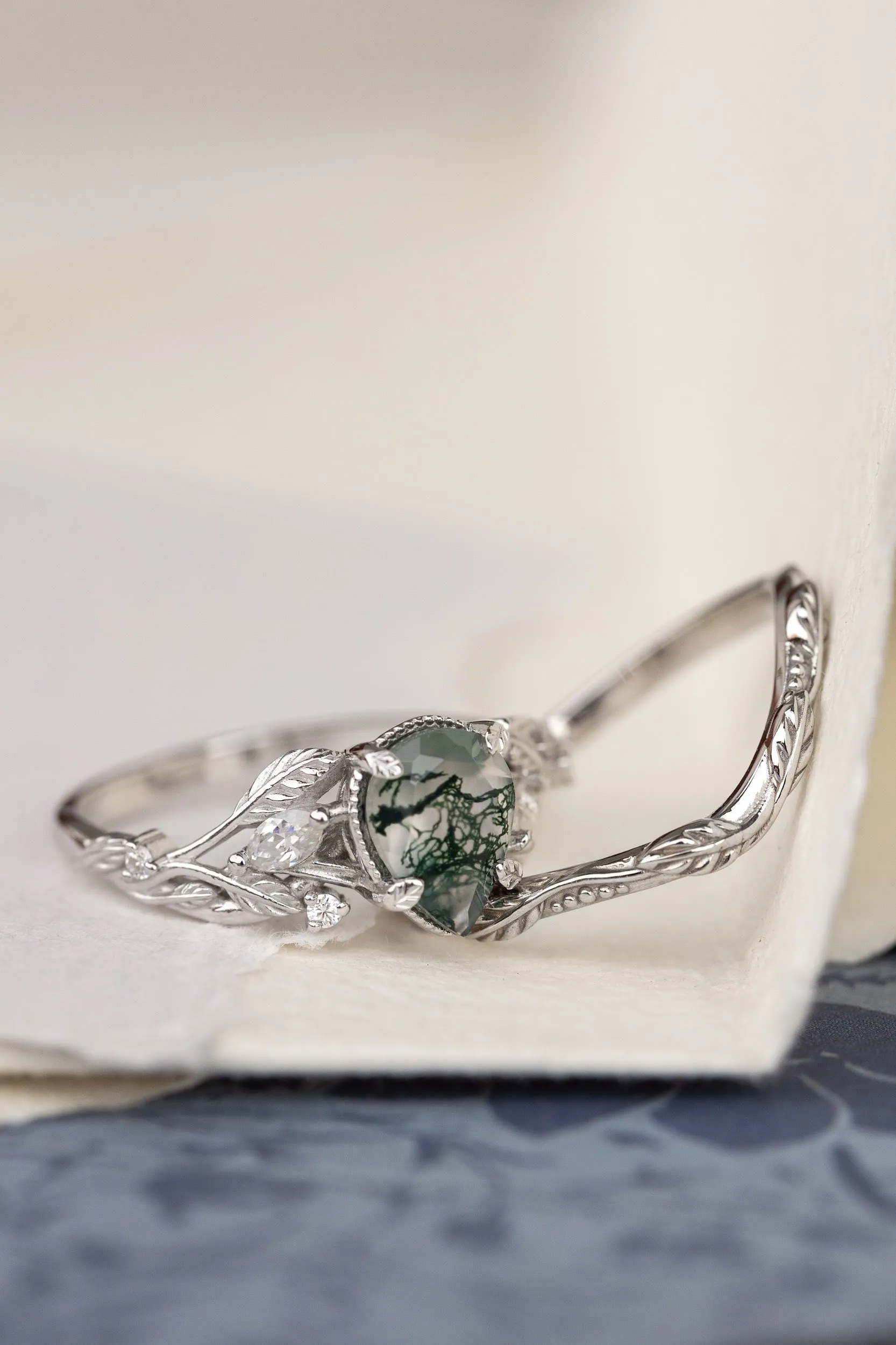 One of a kind moss agate engagement ring set, white gold twig stacking rings with diamonds / Patricia