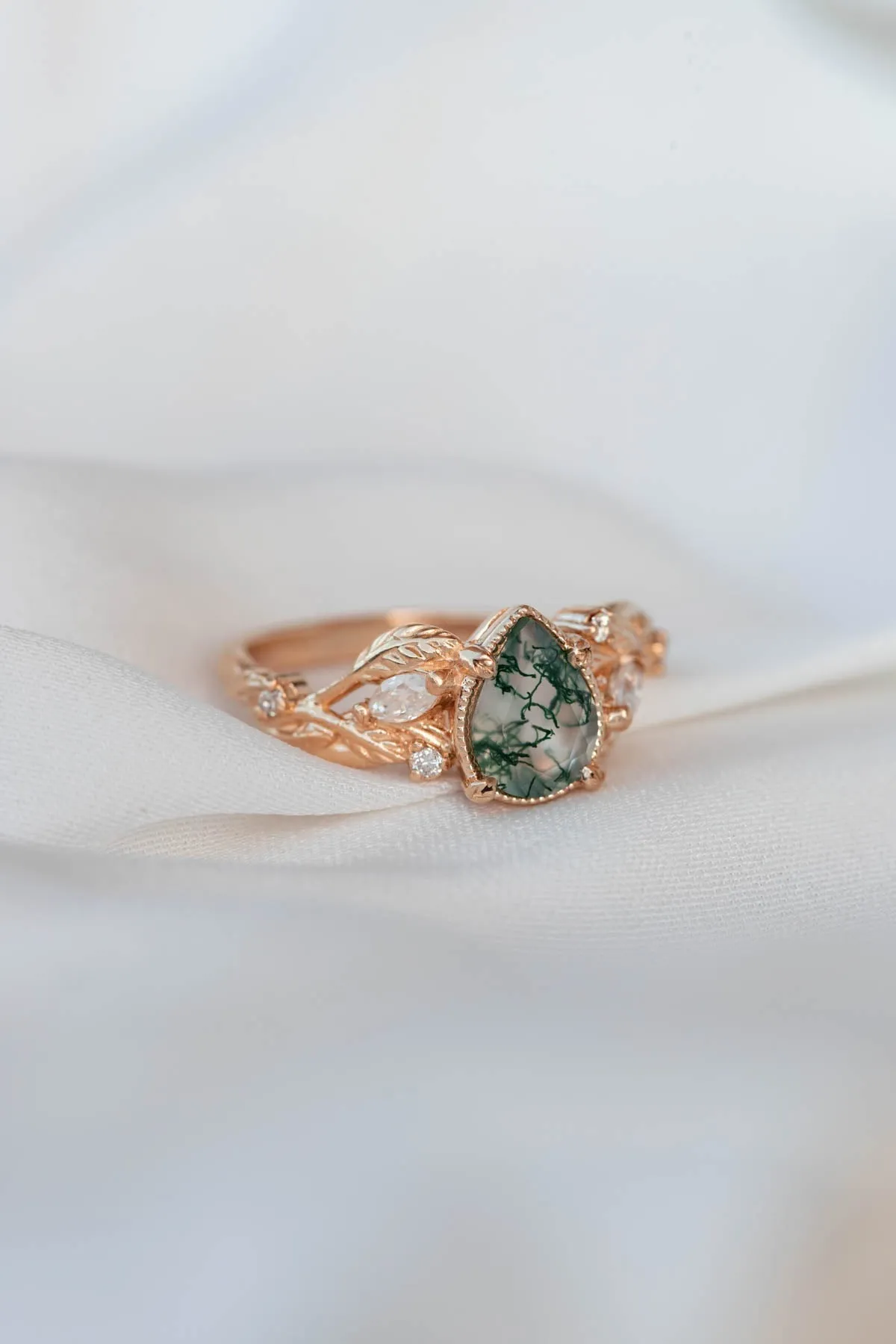 One of a kind moss agate engagement ring set, white gold twig stacking rings with diamonds / Patricia