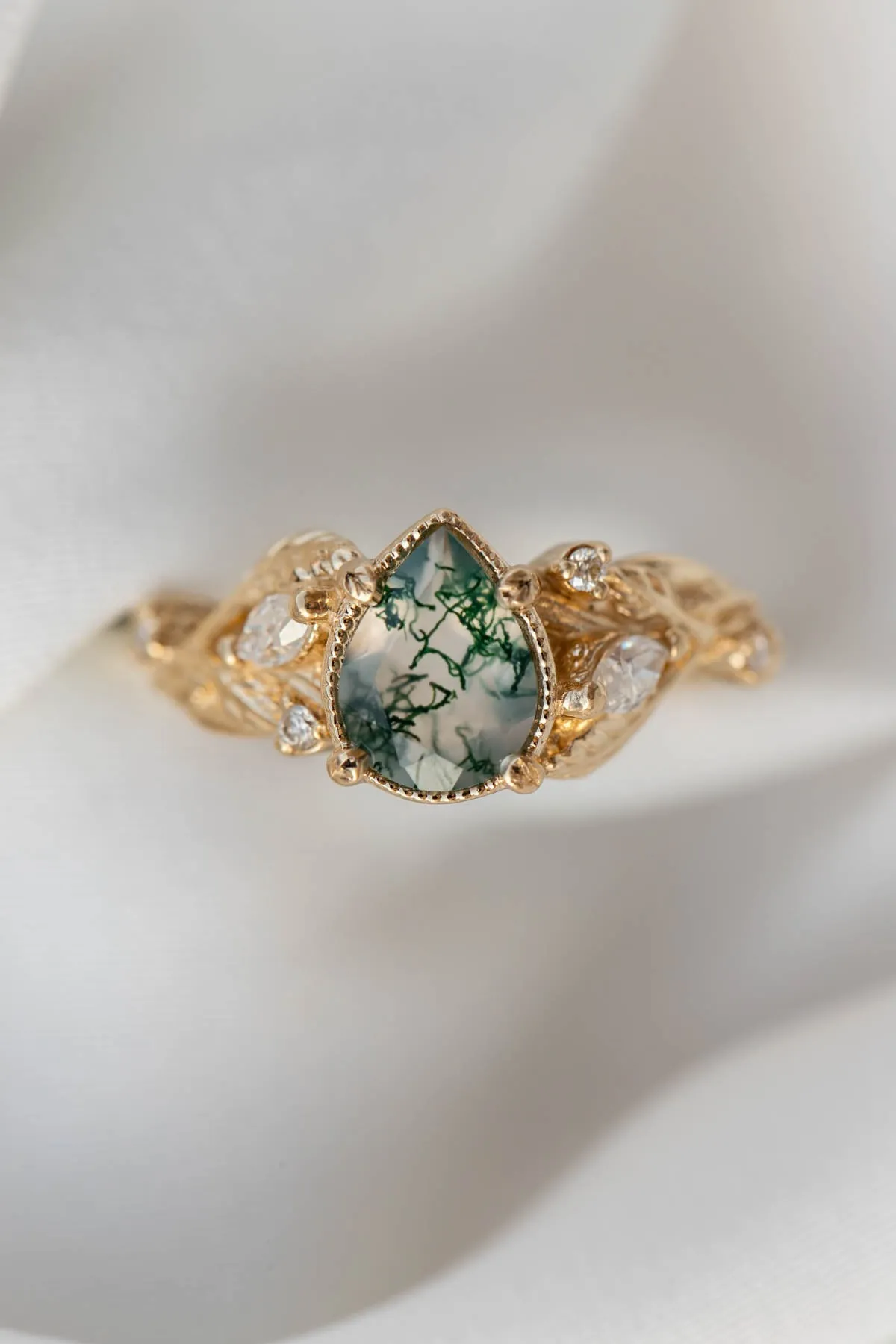 One of a kind moss agate engagement ring set, white gold twig stacking rings with diamonds / Patricia