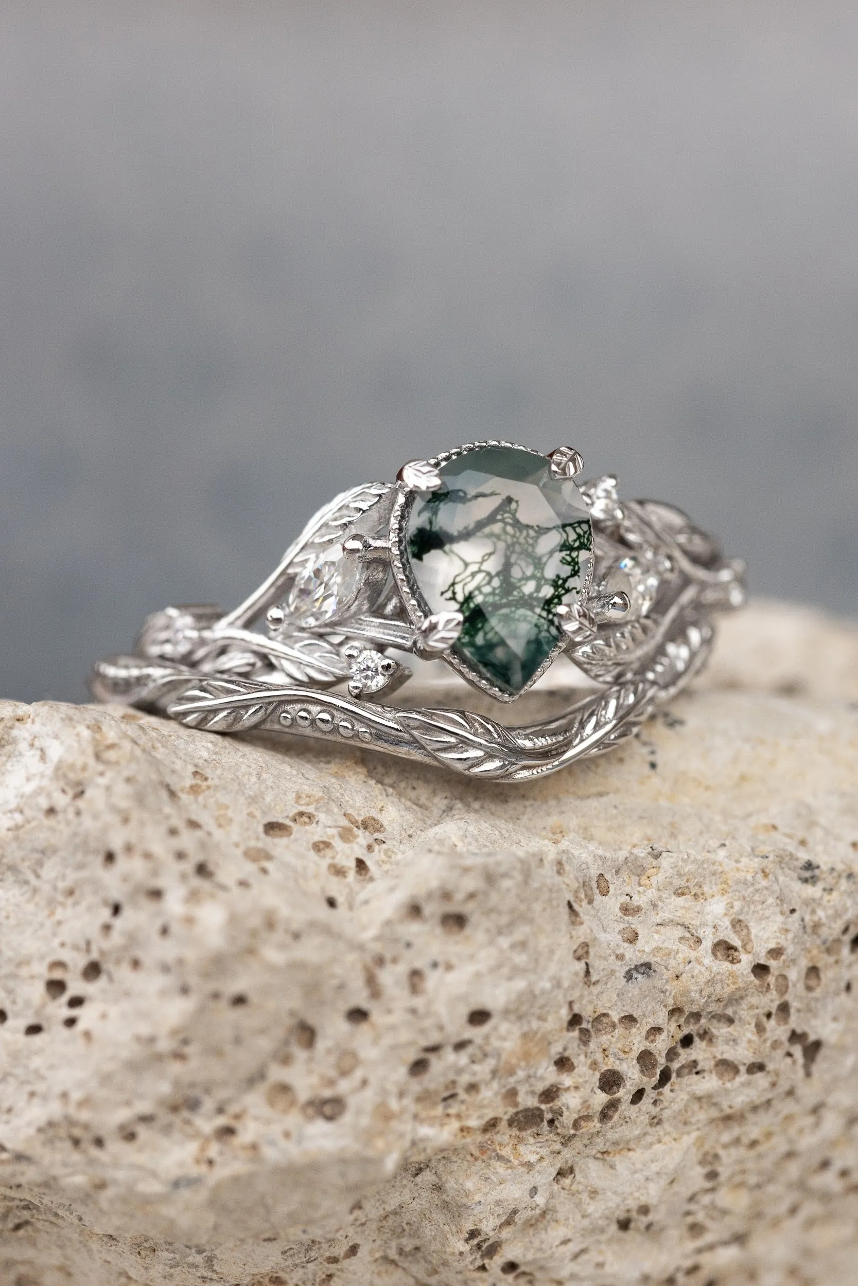 One of a kind moss agate engagement ring set, white gold twig stacking rings with diamonds / Patricia