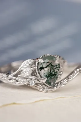 One of a kind moss agate engagement ring set, white gold twig stacking rings with diamonds / Patricia