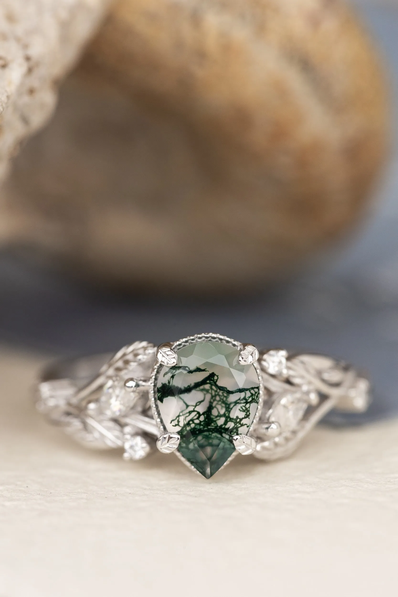 One of a kind moss agate engagement ring set, white gold twig stacking rings with diamonds / Patricia