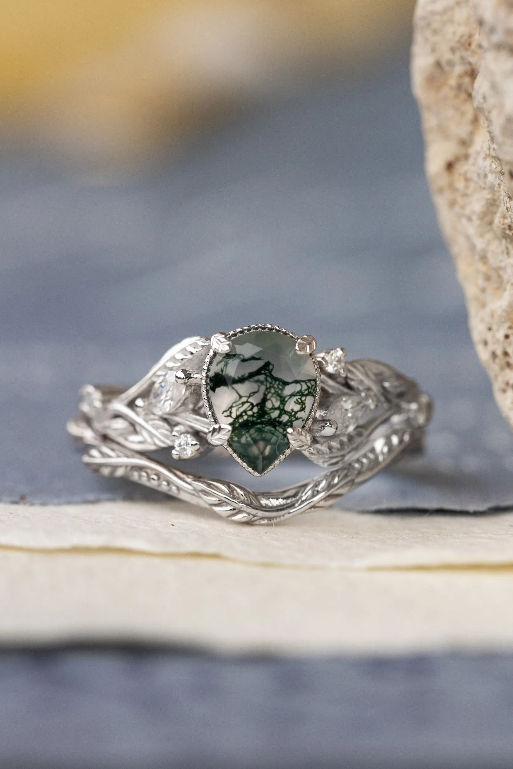 One of a kind moss agate engagement ring set, white gold twig stacking rings with diamonds / Patricia