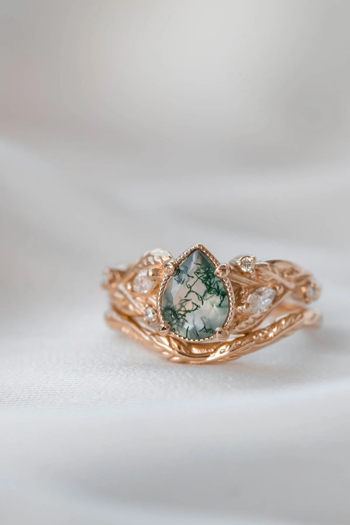 One of a kind moss agate engagement ring set, white gold twig stacking rings with diamonds / Patricia