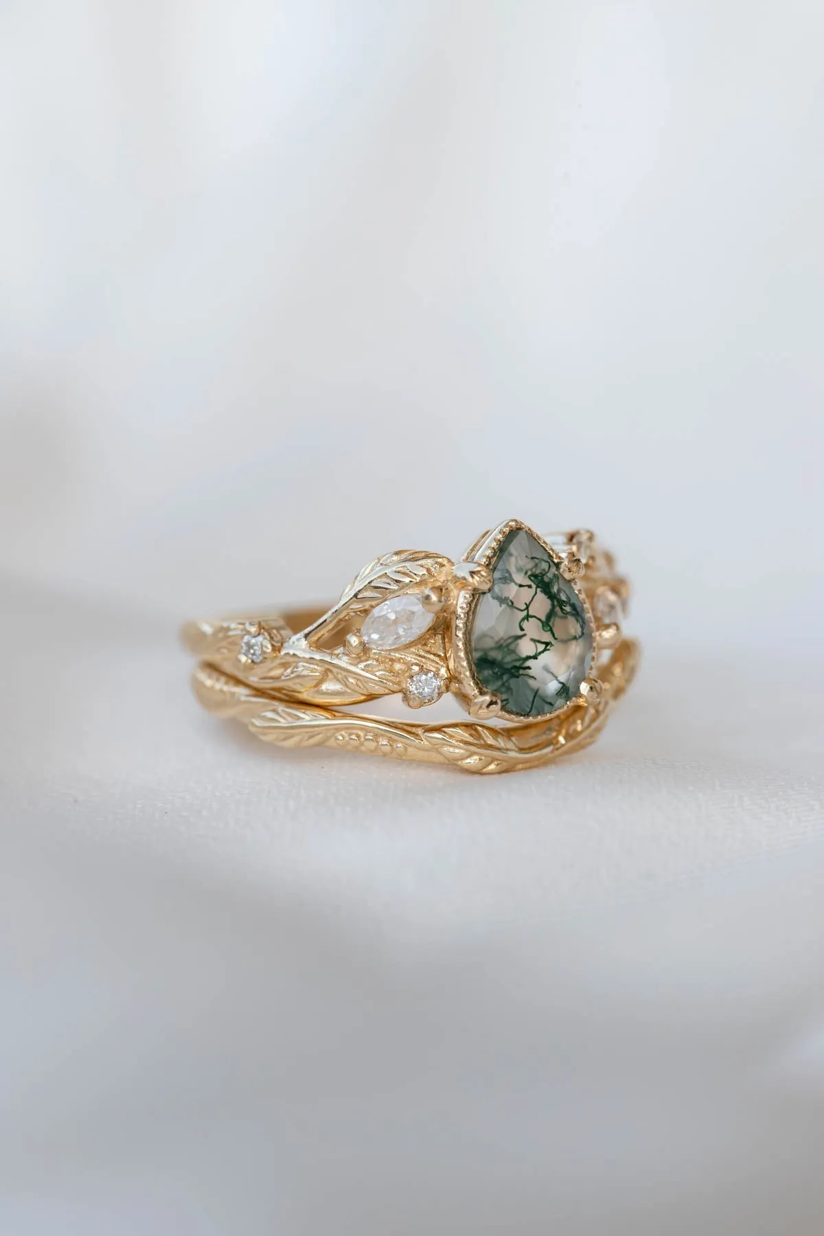 One of a kind moss agate engagement ring set, white gold twig stacking rings with diamonds / Patricia