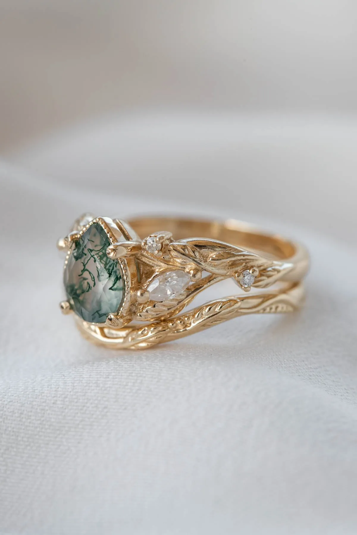 One of a kind moss agate engagement ring set, white gold twig stacking rings with diamonds / Patricia