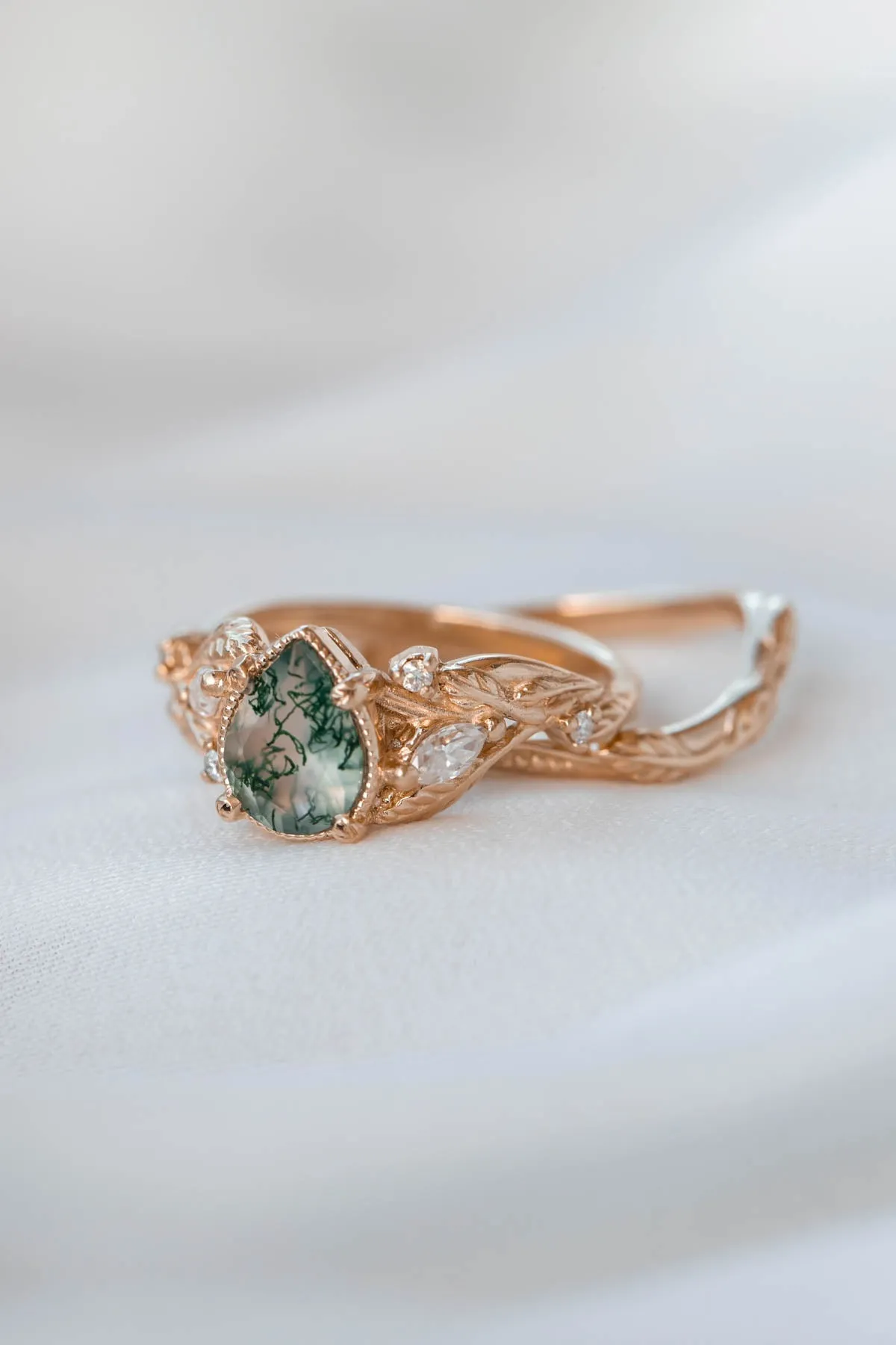 One of a kind moss agate engagement ring set, white gold twig stacking rings with diamonds / Patricia